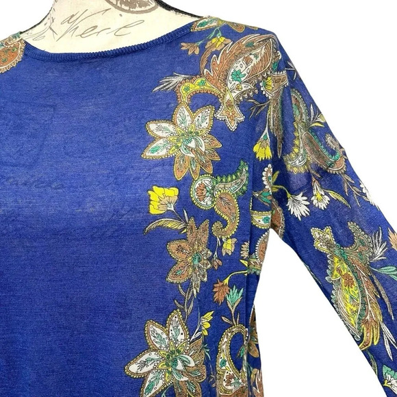 Ann Taylor LOFT Paisley Floral Semi Sheer Top Size Large Blue 3/4 Sleeve - Picture 4 of 7